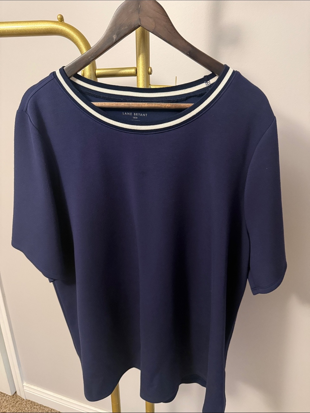 Lane Bryant Sz 18/20 Navy Short Sleeve Knit Top with Cream Trim